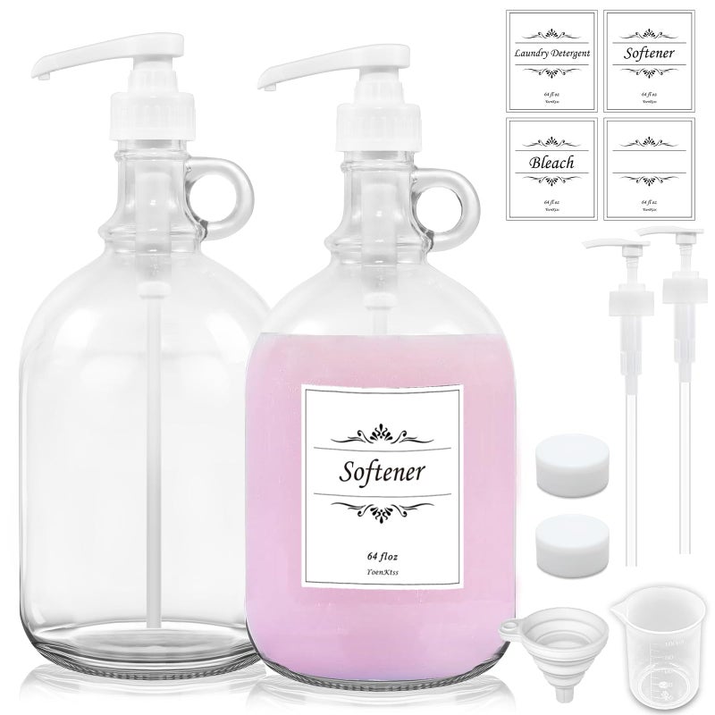 2 Pack Laundry Detergent Dispenser with Pump and Lid, 64 Oz Glass Bottles for Laundry Room Organization and Storage, Fabric Softener Dispenser for Washer - Image 1